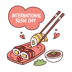 Festive illustration of delicious sushi on a wooden plate.