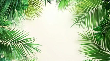 A tropical palm frond with green and yellow leaves against a white background.