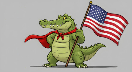 Cartoon Alligator Character Holding American Flag Wearing Red Cape and Bandana in Gray Background
