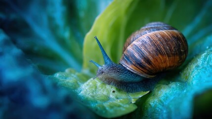 Close-up of a snail crawling on a vibrant green lettuce leaf in a home garden
