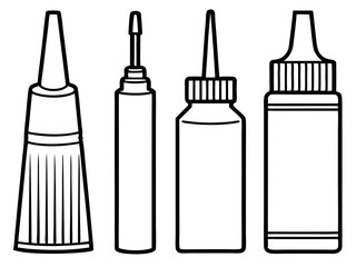 Set of four different glue bottles with applicator tips and caps