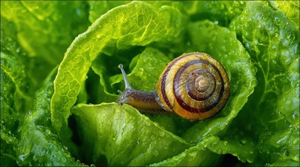 Close-up of a snail crawling on a vibrant green lettuce leaf in a home garden