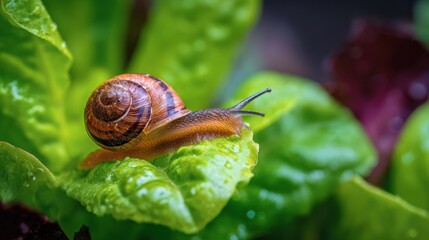Close-up of a snail crawling on a vibrant green lettuce leaf in a home garden