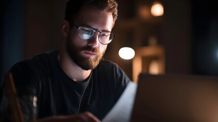 A man wearing glasses is focused on his laptop proofreading an article or report while working in a contemporary home office environment with cinematic lighting