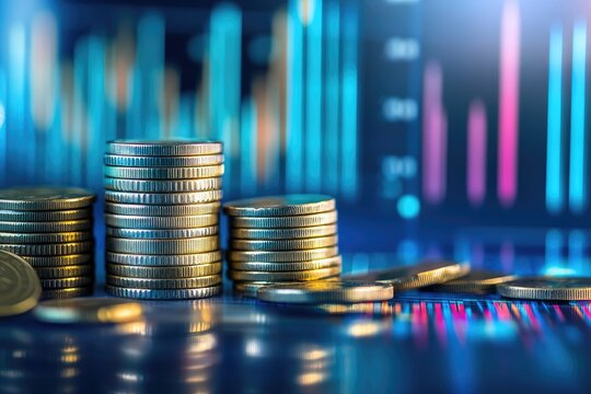 Stacks of gold coins on a reflective surface, with blurred financial charts in the background