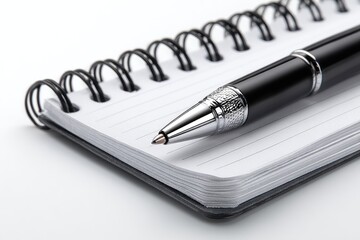A spiral-bound notebook with a pen resting on its pages.