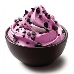 A dark bowl filled with a light purple, swirled,  chocolate chip ice cream
