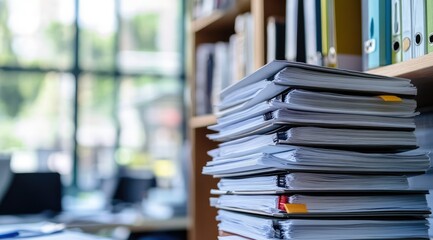 High stack of documents on a shelving unit in an office