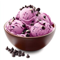 Purple ice cream scoops in bowl, topped with chocolate chips