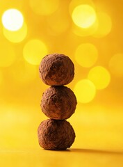 Three stacked chocolate truffles on a vibrant yellow background with bokeh