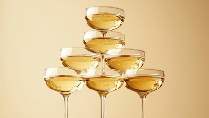Champagne flutes arranged in a pyramid shape on a pale beige background