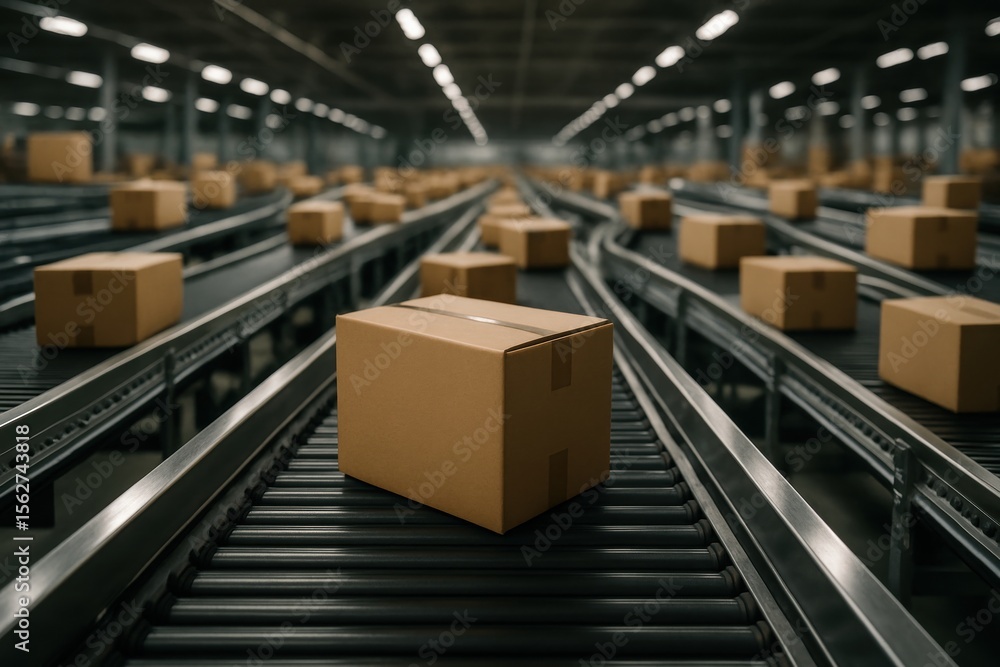 Poster automated package sorting: cardboard boxes on conveyor belts in a distribution warehouse, showcasing