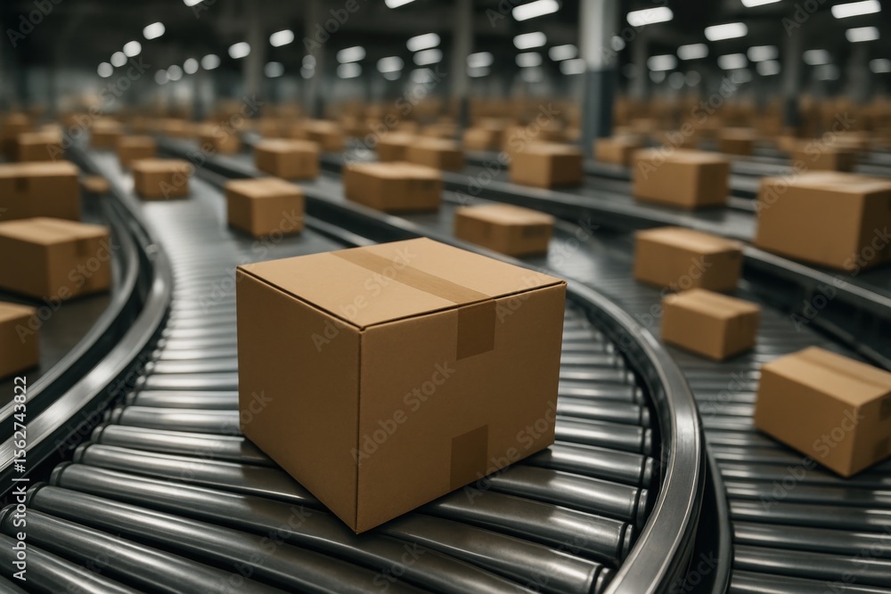 Poster industrial conveyor belt system: a comprehensive depiction of cardboard boxes traversing an automate