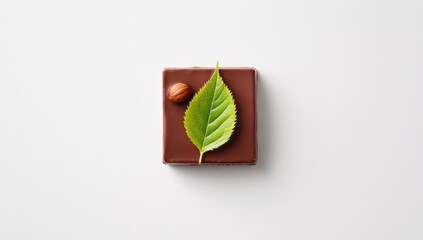 Square dark chocolate confectionery with a single green leaf and hazelnut