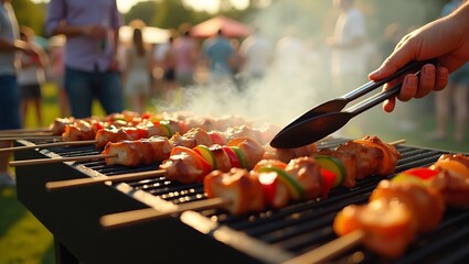 Hand using tongs to turn chicken and vegetable skewers on a grill