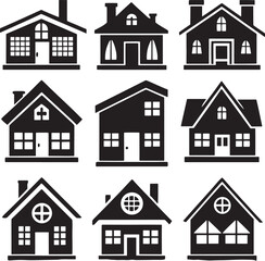 Collection of simple black house icons with different architectural styles