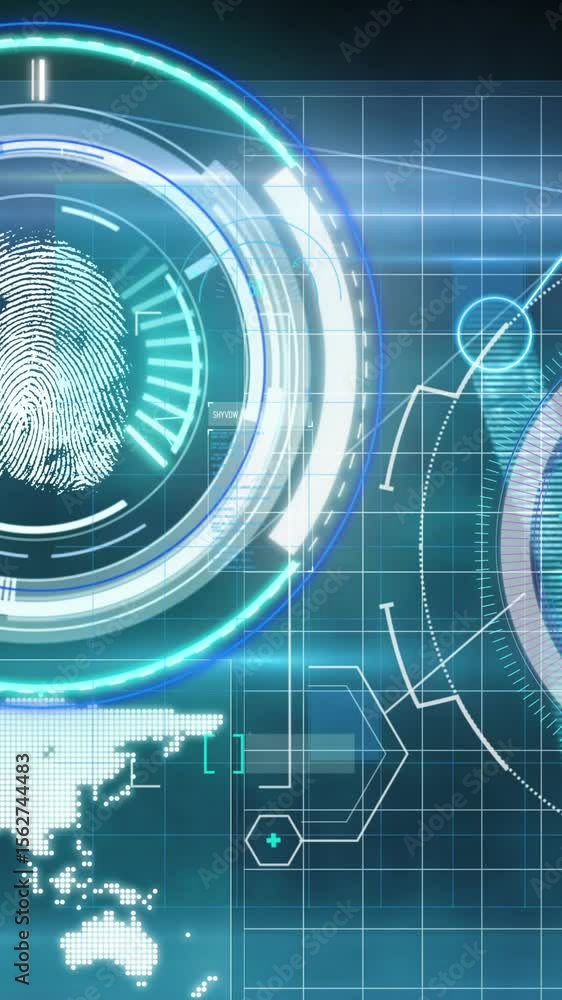 Poster animation of scopes scanning, biometric fingerprint and medical data processing over digital screen