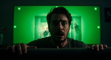 Terrified man watches a suspenseful scene unfold on a glowing green screen, his hands gripping the edge of his seat in fear.