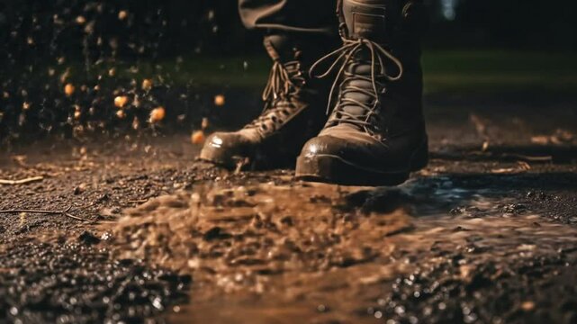 Boots splashing in muddy puddle at night