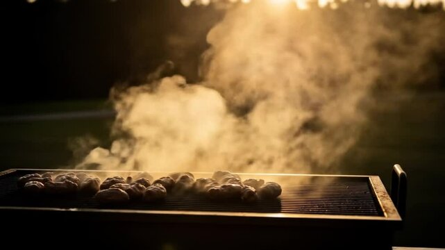 Cevapi Grilling on Barbecue at Sunset