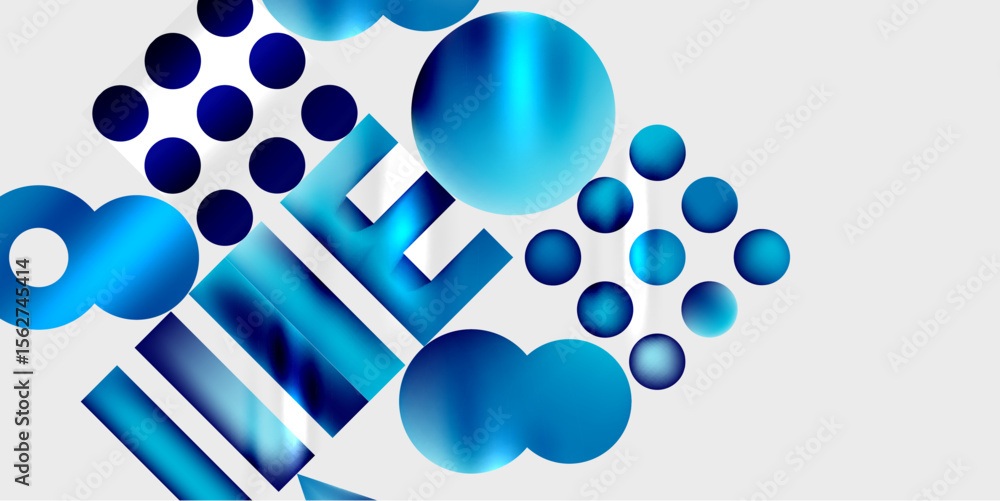 Poster abstract composition featuring blue spheres, rectangles, dots. gradient shading creates depth, moder