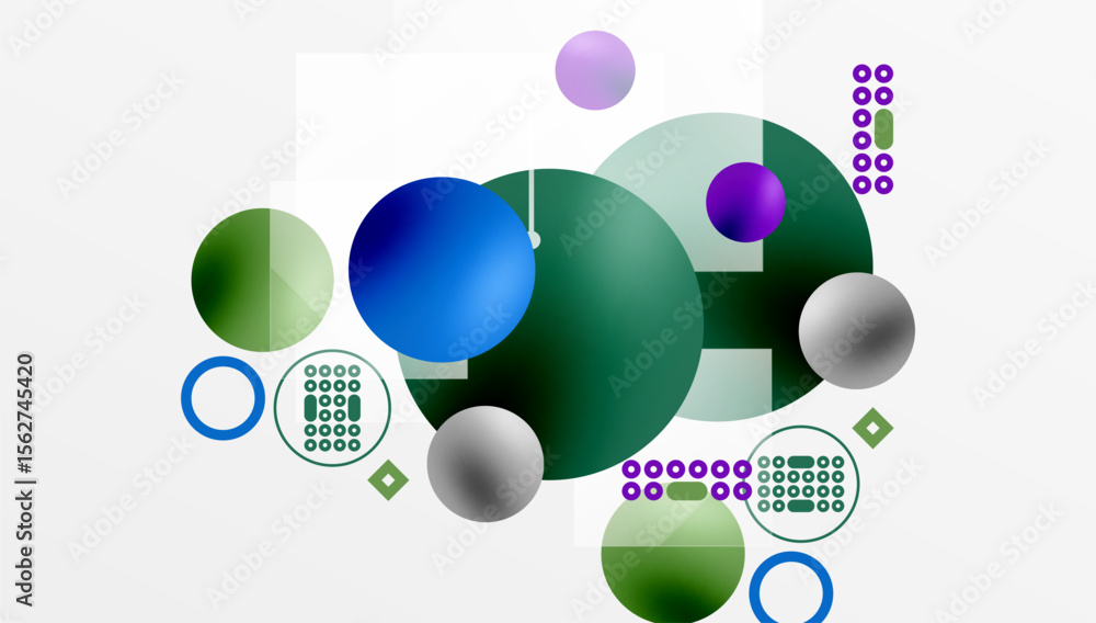Poster Abstract composition featuring overlapping circles, squares, purple dots. Modern design, simple shapes, muted color palette. Clean aesthetic.