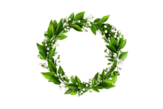 Lily of the valley floral wreath, a delicate circle of green leaves and white bell-shaped flowers on a black backdrop isolated on transparent background