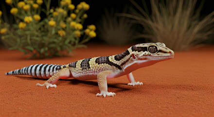 Fototapeta premium Striped Gecko on Red Sand: A Desert Nocturne