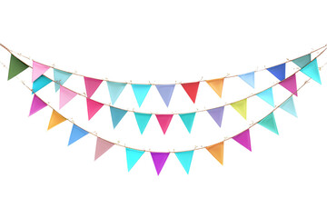 Obraz premium Colorful triangle bunting flags strung across a transparent background