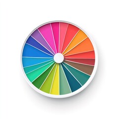 Obraz premium Circular color wheel. A 3D, circular graphic showing a color wheel with vibrant, segmented colors radiating outwards from a white center. A white circular frame surrounds the wheel