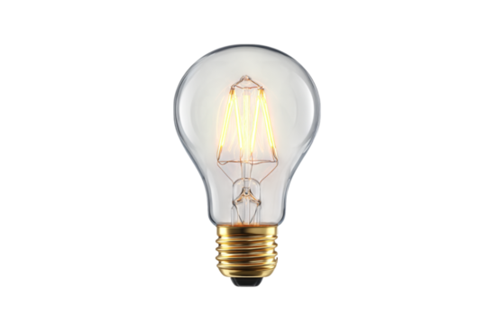 Glowing Edison-Style Light Bulb with Filament Detail on, Symbolizing Ideas and Innovation isolated on transparent background