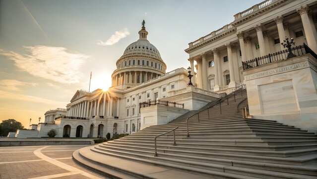 Fototapeta United states capitol building bathed in golden sunrise light with sunburst effect