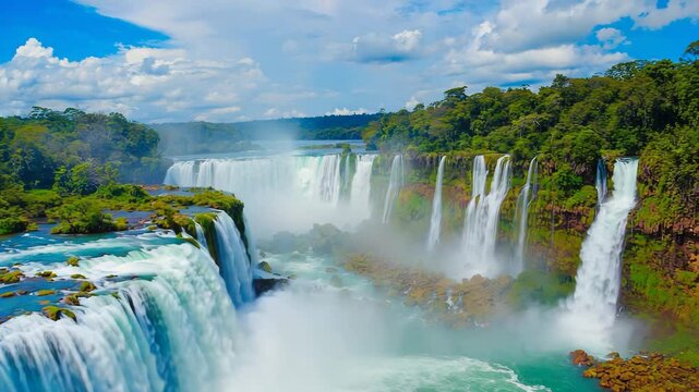 Experience stunning natural beauty at Iguazu Falls with vibrant water and lush surroundings