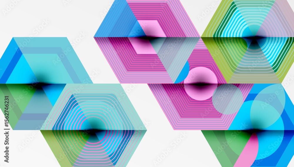 Poster Abstract geometric composition. Hexagons, lines, vibrant colors create dynamic visual effect. Modern design, clean aesthetic.
