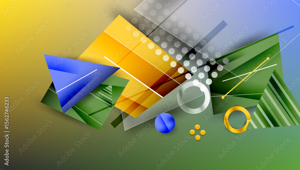Poster abstract composition features geometric shapes, vibrant colors, gradients. dynamic arrangement creat