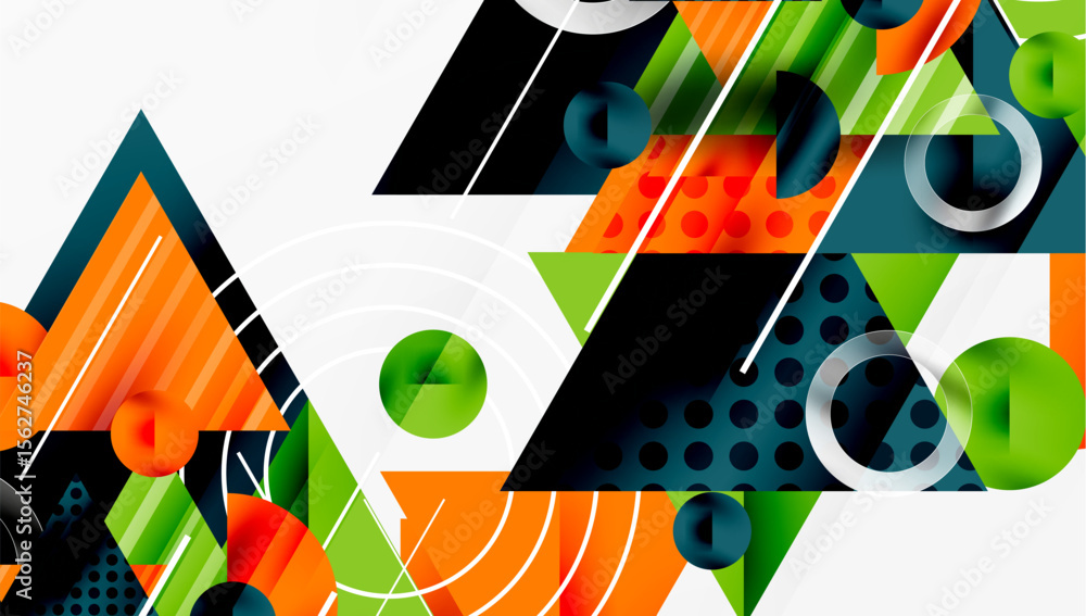 Poster Abstract geometric composition. Bright colors, shapes overlap creating dynamic visual effect. Modern design elements present.