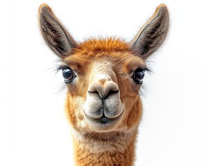 Fototapeta premium Close-up portrait of a llama with expressive eyes and soft fur against a white background