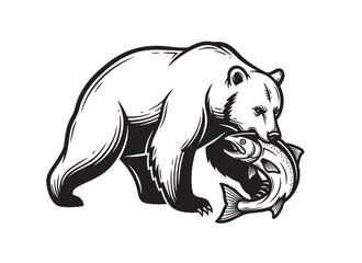 Vector illustration of a powerful bear eating a salmon, symbolizing wilderness and hunting. Wildlife Animals.