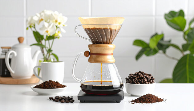 Minimalistic setup of pour-over coffee brewing with dripper, mug, and filter on clean surface in warm tones.