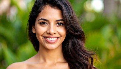 Fototapeta premium Smiling woman portrait with green background.
