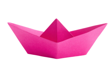 Bright Pink Paper Boat on, Origami Craft for Children, Handmade Nautical Vessel isolated on transparent background