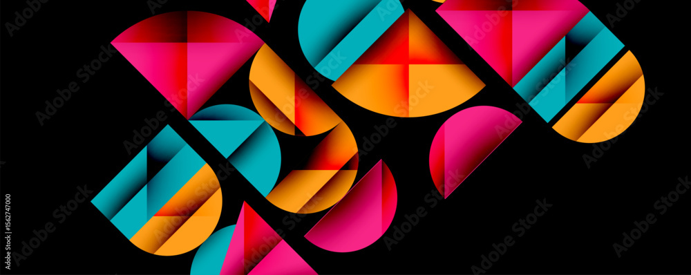 Poster abstract geometric shapes overlap, creating vibrant colorful design. pink, orange, teal dominate com