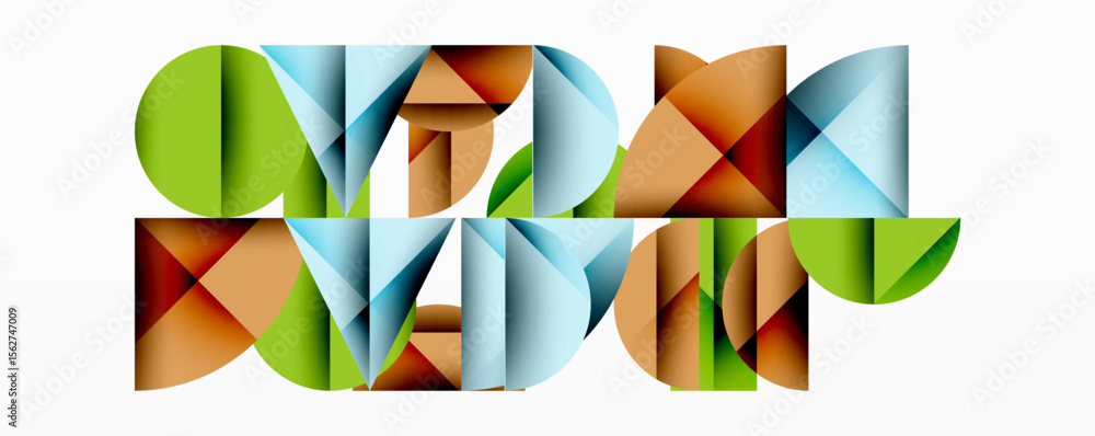 Poster Abstract geometric shapes overlap, creating colorful composition. Modern design features soft shadows, clean lines.
