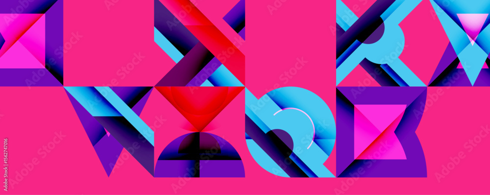 Poster Abstract geometric composition. Vivid pink background hosts blue, purple shapes. Modern design, sharp angles, dynamic visual impact.