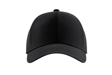 Front View of a Plain Black Baseball Cap with a Curved Brim on a Dark Backdrop isolated on transparent background