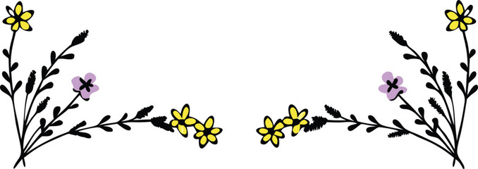 Yellow and purple flowers with black stems and leaves floral