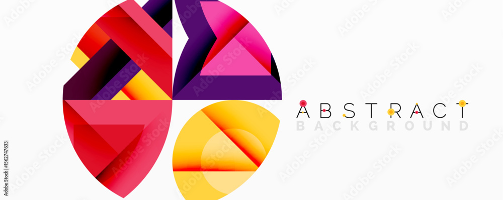 Poster bright geometric shapes overlap, creating vibrant abstract composition. colors include red, purple, 