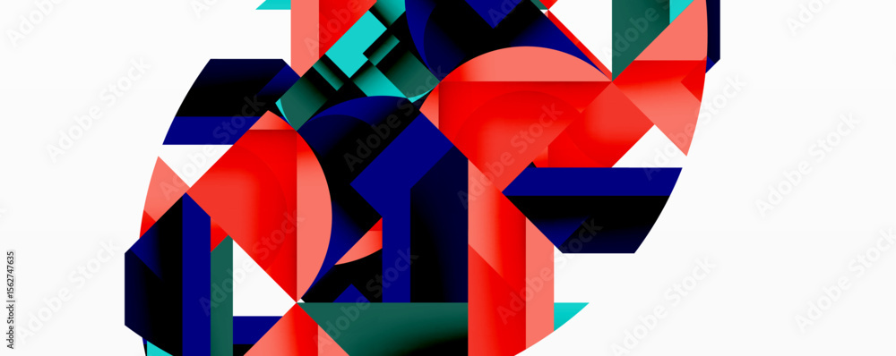 Poster Abstract geometric shapes overlap, creating vibrant red, blue, teal composition. Minimalist design with sharp angles, clean lines.