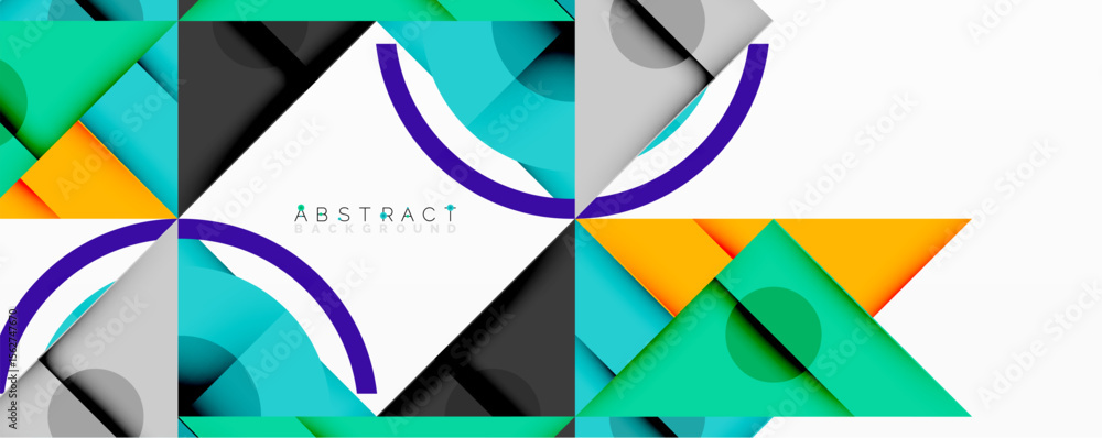Poster geometric shapes overlap, creating modern abstract design. turquoise, gray, purple hues dominate com