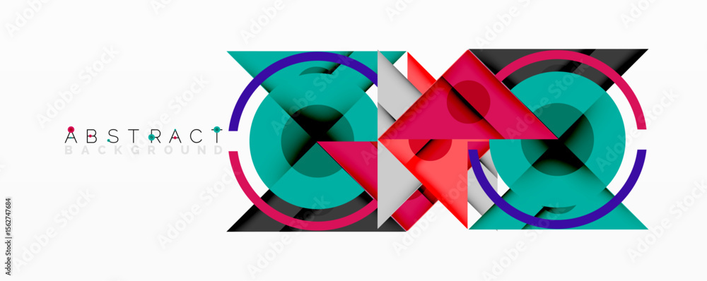 Poster Modern abstract design. Overlapping circles, triangles create dynamic composition. Teal, red, gray hues dominate visual space.